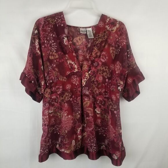 DUO MATERNITY SIZE L. 100% POLYESTER. BEAUTIFUL BURGANDY FLORAL W/SATIN LIKE HEM - Picture 15 of 15